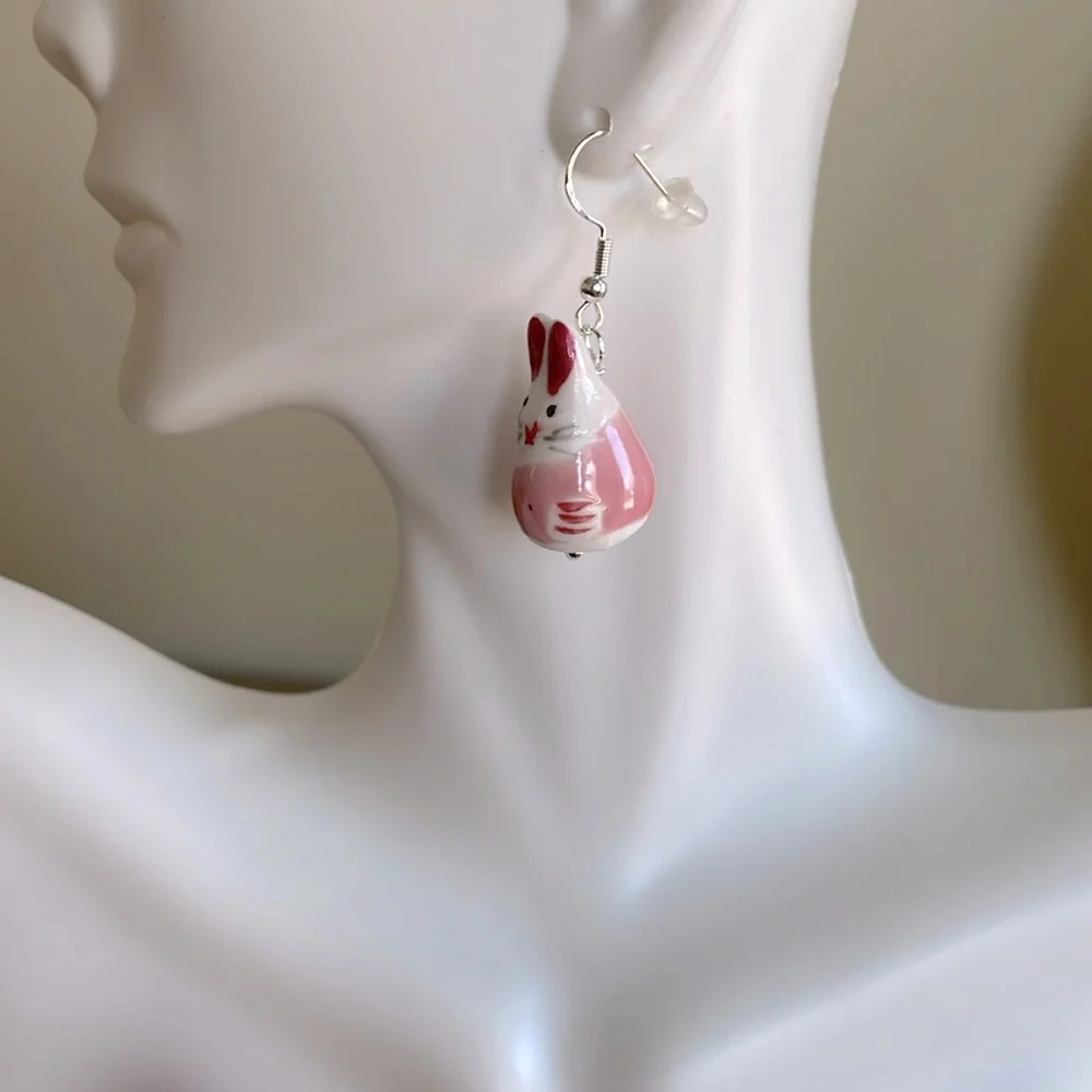 HAND CRAFTED EASTER BUNNY EARRINGS Ceramic Pink White Silver Gold Whimsical Fun